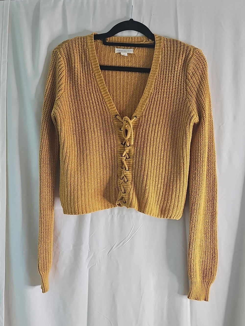 Aeropostale Mustard Lace-Up V-Neck Cropped Knit Sweater - Picture 1 of 6